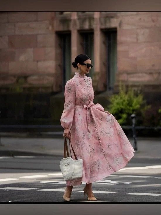 Pink Floral Tie-Waist Long Dress S/M - Picture 5 of 6